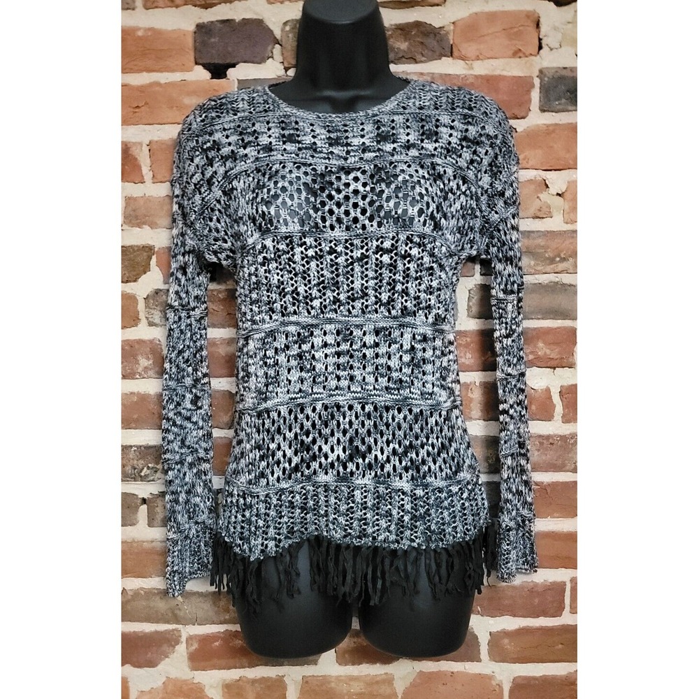 Autumn Cashmere Kids Black  White Fringe Hem Knit Sweater  Long Sleeve 12 Cotton